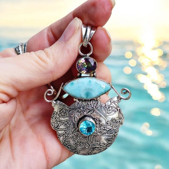 Mystic Fire Topaz, Larimar & Swiss Blue Topaz Forged In Sterling Silver Pendant - Picture 5 of 15